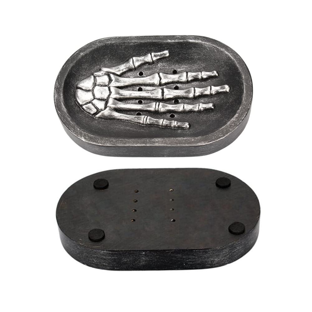 Resin Skeleton Handbone Soap Dish Holder, Water Draining Soap Tray for Bathroom Countertop Shower, Halloween Ghost Skull Hand Soap Rack Organizer (Black)