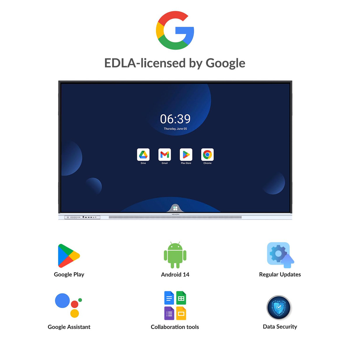 NEWORK 75 Inch 4K Smart Board - Google EDLA-Certified Interactive Whiteboard, Android 14, 50-Point Touch, Wireless Casting - Digital Whiteboard for Classrooms & Hybrid Offices (Board Only)