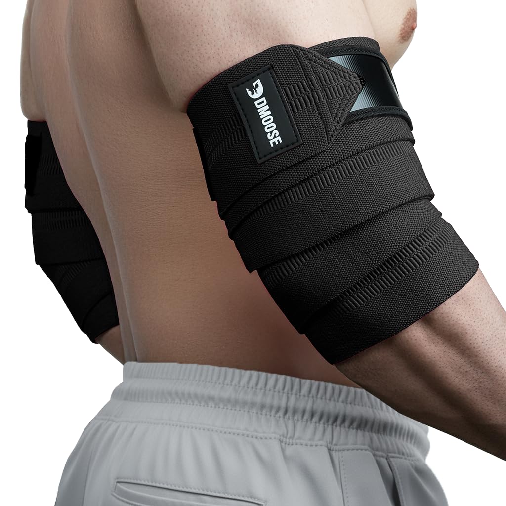 DMoose Fitness Elbow Wraps for Weightlifting (Pair) - 40'' Adjustable Elbow Strap for Gym Workout & Bench Press, Compression Elbow Wraps for Tendonitis & Joint Support, Elbow Sleeve (Black)