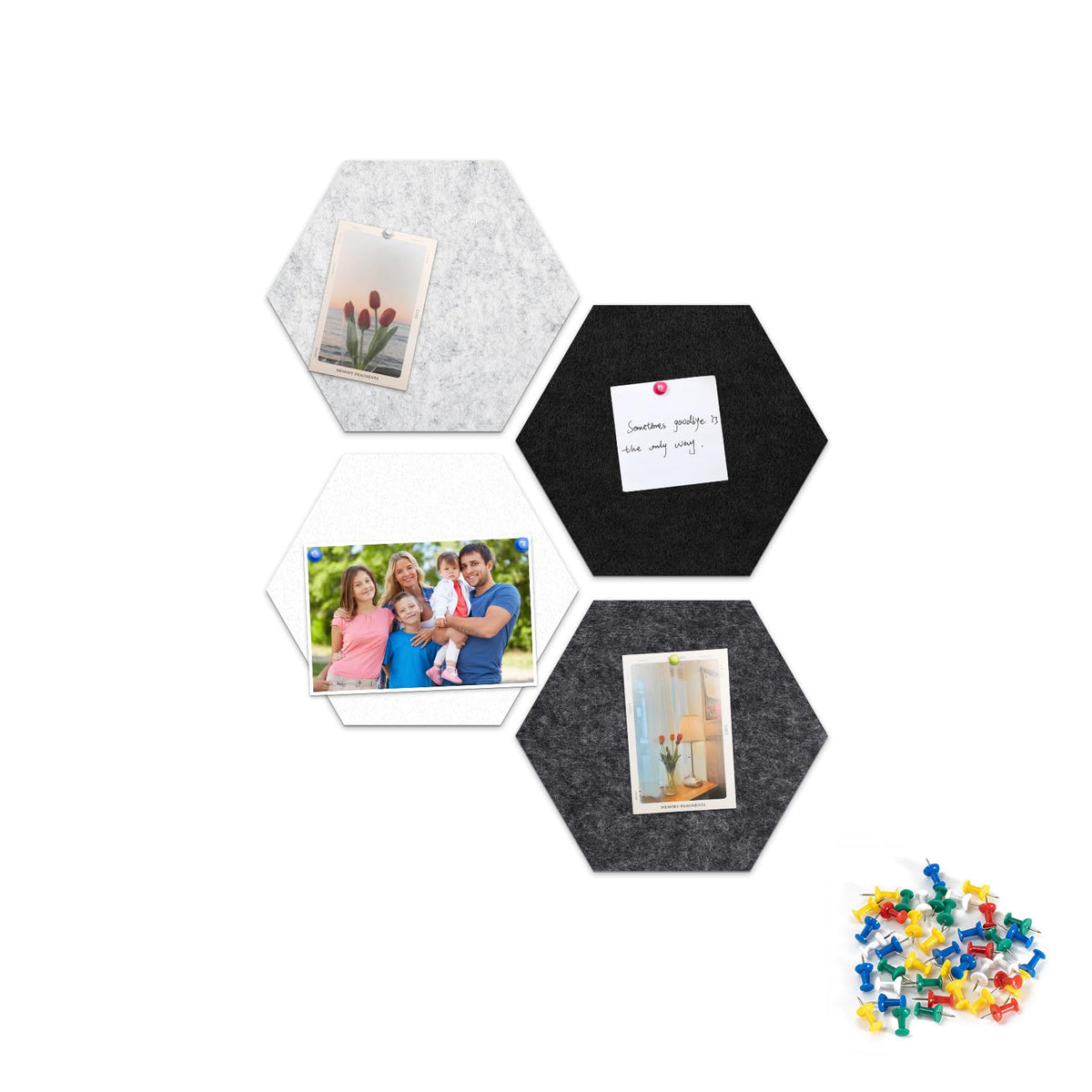 Uoisaiko 4 Pack Hexagon Felt Bulletin Board Tiles - 12" Large Thick Pin Board for Walls with 30 Push Pins, DIY Boards for Office Home School Decor, Aesthetic Hex Cork Board Alternative