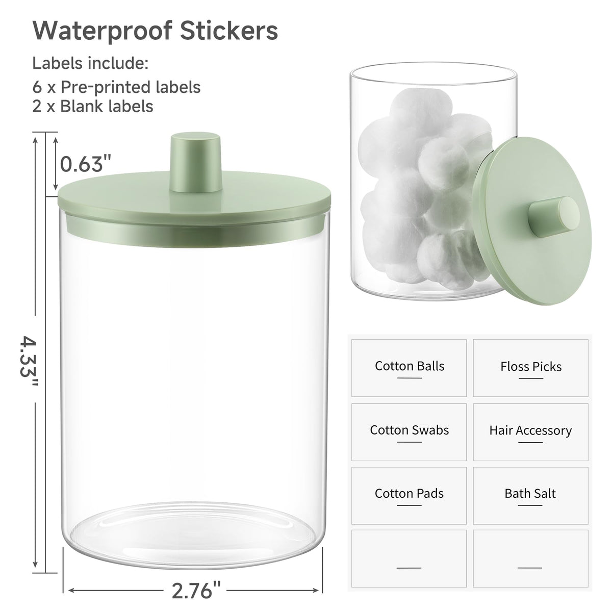 3 Pack Glass Qtip Holder Dispenser- 10 oz Clear Canister Apothecary Jar, Bathroom Vanity Storage Organizer Set for Cotton Swabs, Pads, Floss Picks, Small Containers for Makeup Storage (Green)