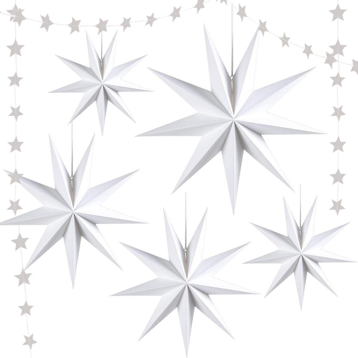 WNSIRVY 5 Pack 9-Pointed Large 3D Paper Star Lanterns White Hanging Lanterns with Star Garland Banner for Halloween Christmas Baby Shower Wedding Birthday Home Decorations