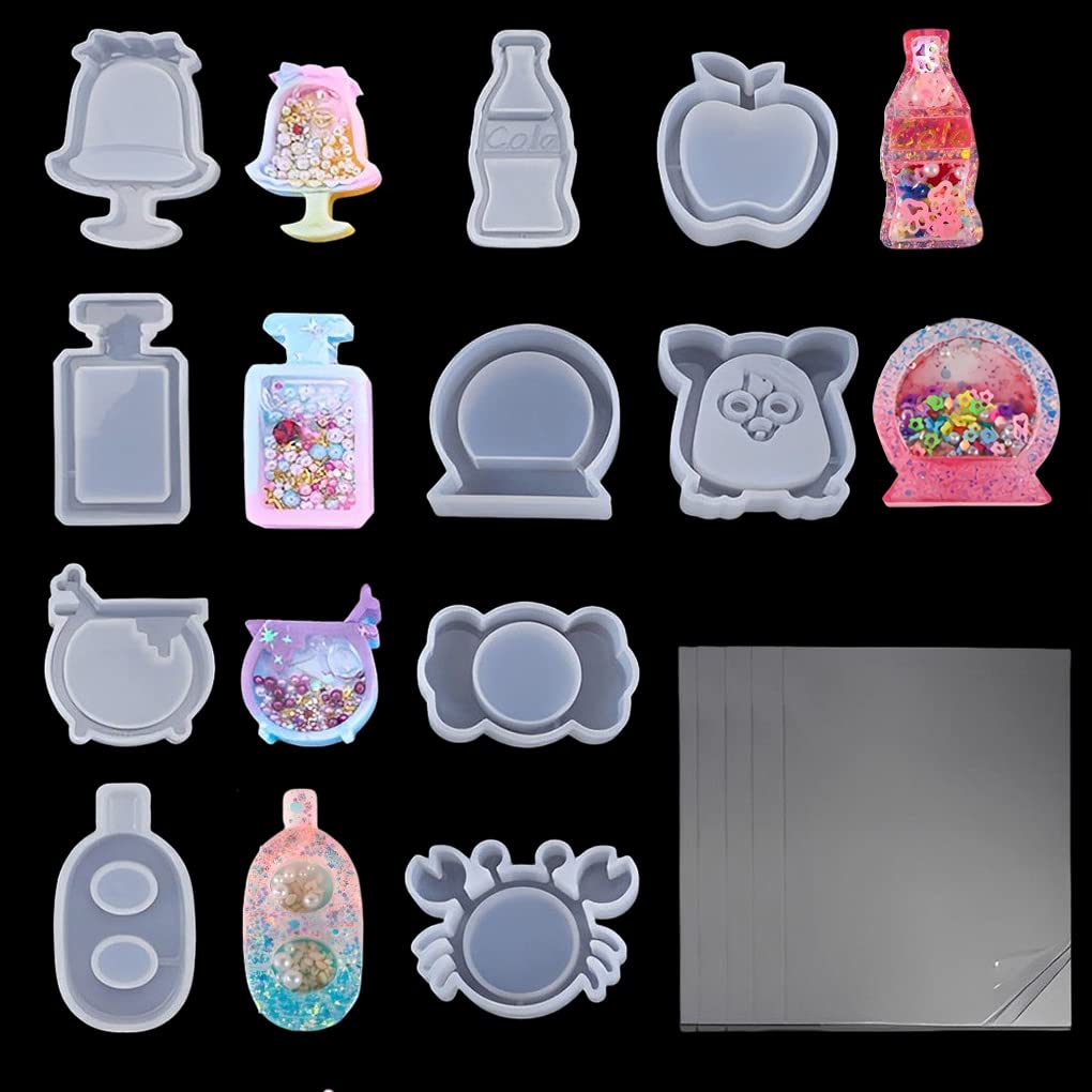 FineInno 10 Pcs Shaker Resin Molds,Jewelry Molds for Epoxy Resin, Quicksand Mold with 5 Resin Shaker Film,Pendant,Charms, Art Crfat Pendant DIY