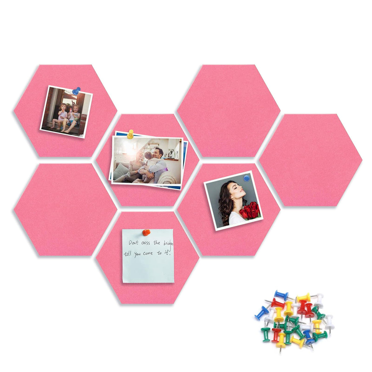 8 Packs Pink Hexagon Felt Pin Board, 12" Bulletin Board with 30 Push Pins, Felt Board for Home Kitchen Office Decor, Self-Adhesive Corkboard Tiles for Walls School Message Photos Memos