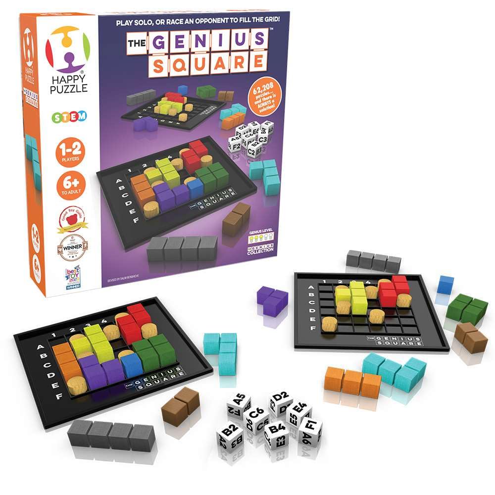 The Genius Square from The Happy Puzzle Company – Game of The Year Award Winner, 60000+ Solutions STEM Puzzle Game. Roll Dice, Race Your Opponent to Fill Grid with Different Shapes!