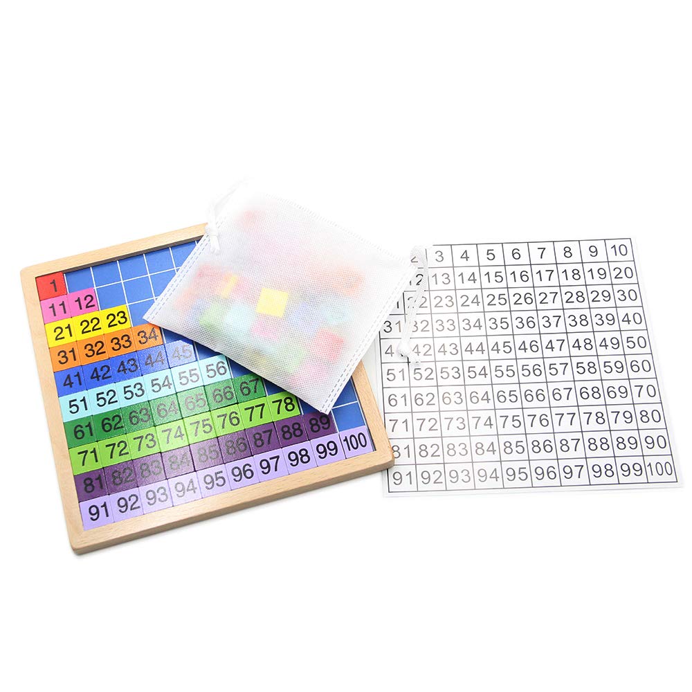 MERRYHEART Wooden Math Learning Board Toy, Montessori 1-100 Consecutive Numbers Wooden Hundred Digital Board, Educational Game for Kids with Storage Bag
