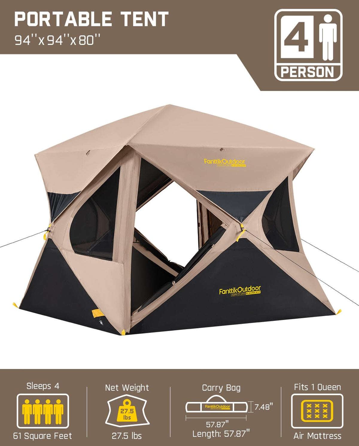 FanttikOutdoor Alpha C4 Ultra Camping Tent 4 Person Pop Up Instant Cabin Setup in 60 Seconds Portable Hub Tent with Rainfly & Windproof for Outdoor Camping & Overlanding, Khaki