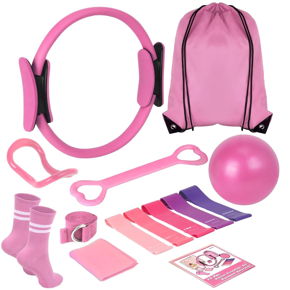 Pilates Kit for Home Workouts for Women-12-Piece Equipment Set with Ring,Yoga Ball,5 Resistance Bands,Figure-8 Band,Arm Stretcher,Grippy Socks,Storage Bag for Toning,Strength & Flexibility (Pink)