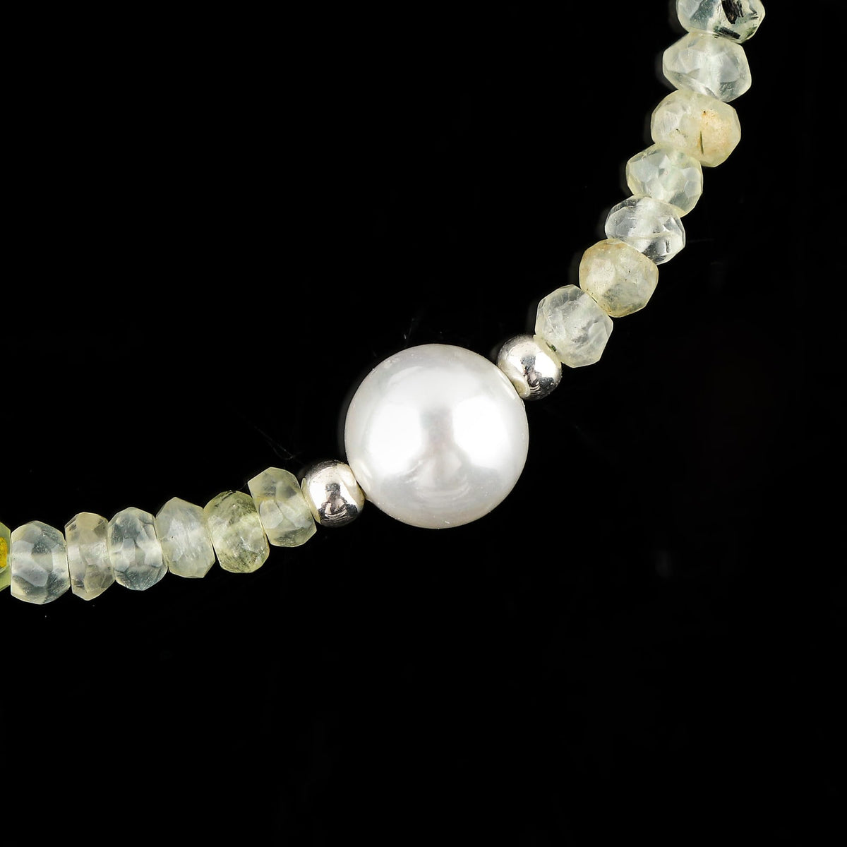 CRYSTALINES Natural Prehnite Gemstone Bolo Bracelet & Pearl, Faceted Beads Stones, Handmade Boho Hypoallergenic Jewelry, Healing Crystals, Silver Adjustable Chain 6+4inch, Minimalist Trendy Gifts