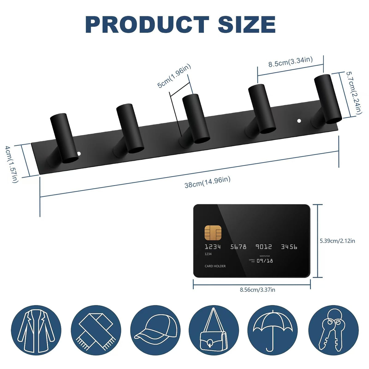 VAEHOLD Black Hat and Coat Wall Mount Rack 5 Hooks for Robes, Bags, Keys, and Towels Bathroom Towel Hanger Organizer (1 Pack)