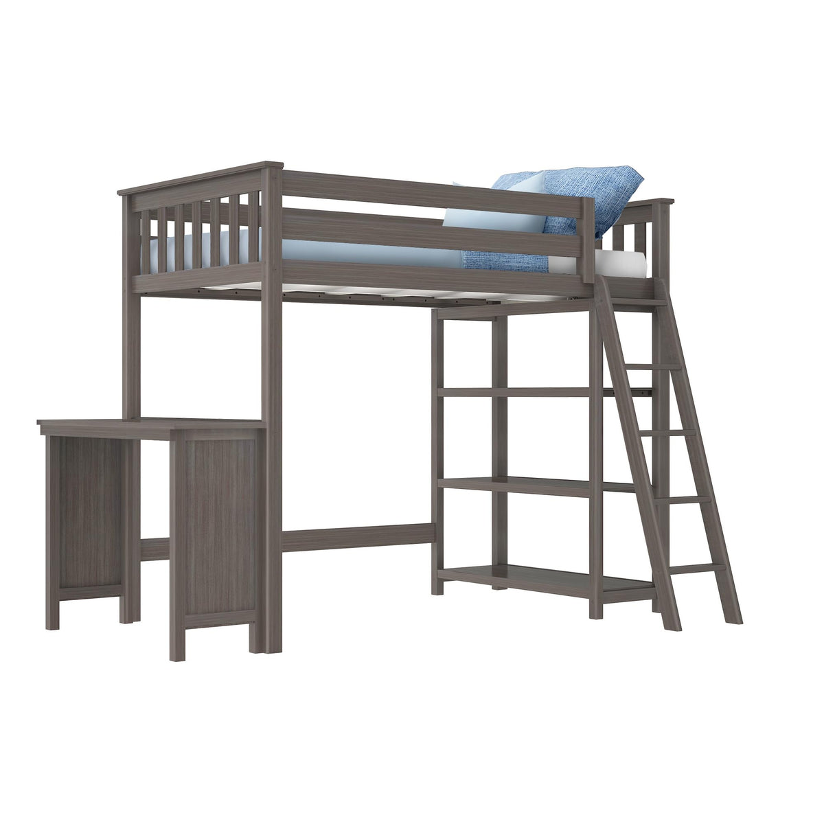 Max & Lily High Loft Bed, Twin Bed Frame for Kids With Bookcase and Desk, Clay