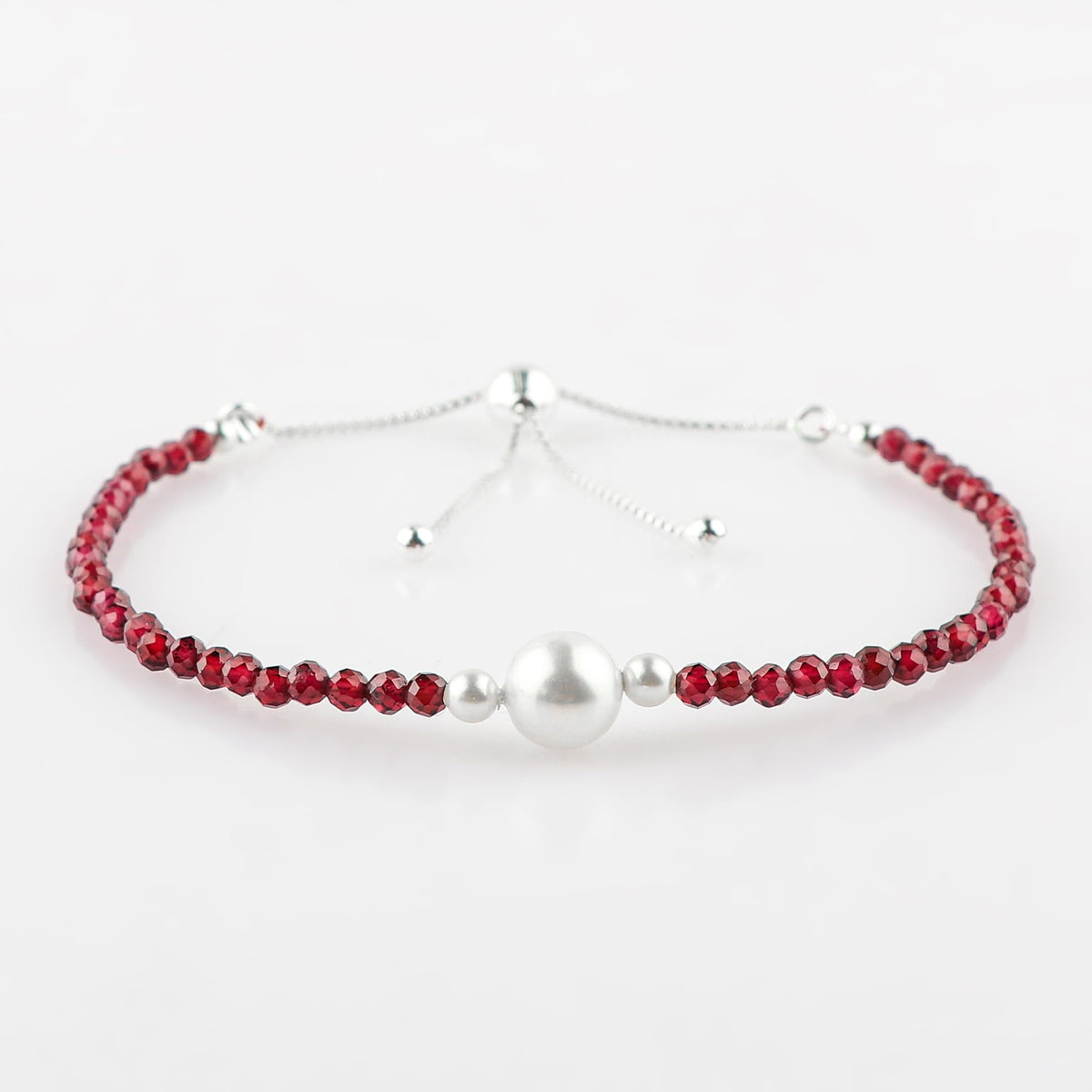 CRYSTALINES Natural Garnet Gemstone Bolo Bracelet, Cultured Pearl Beads Stones, Handmade Hypoallergenic Boho Jewelry for Women, Healing Crystals, Silver Chain 6+4inch, January Birthday Gift