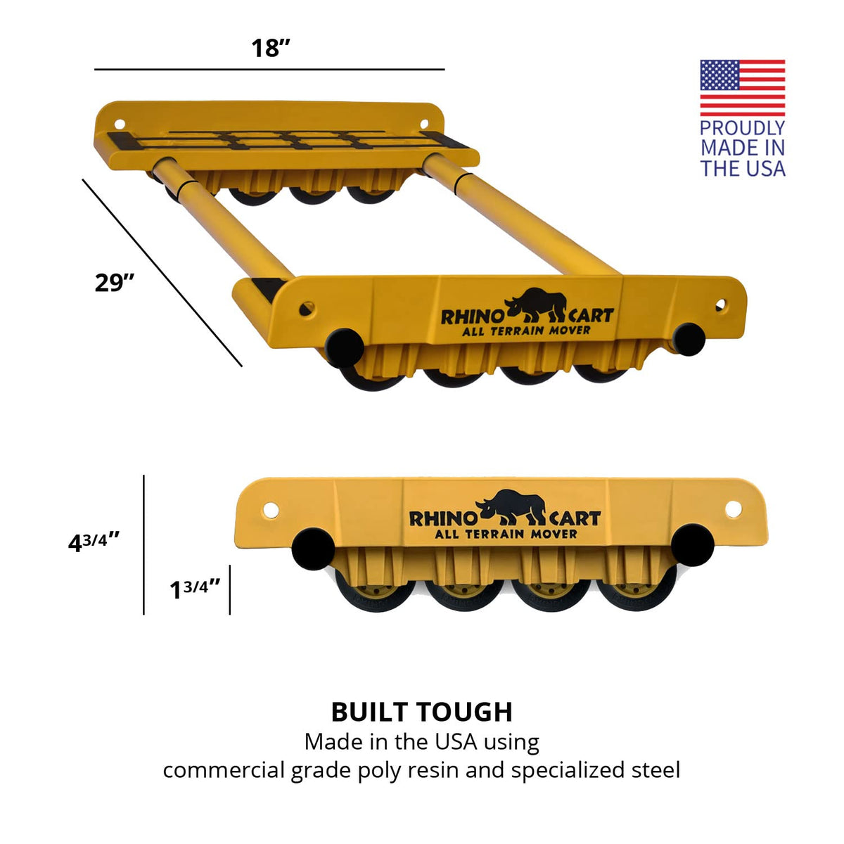 Rhino Cart All Terrain Mover Heavy Duty Appliance Dolly for Building Material Handling & Moving Heavy Furniture with Ease - Expands up to 46” with a 2,000lb Load Rating - Made in USA