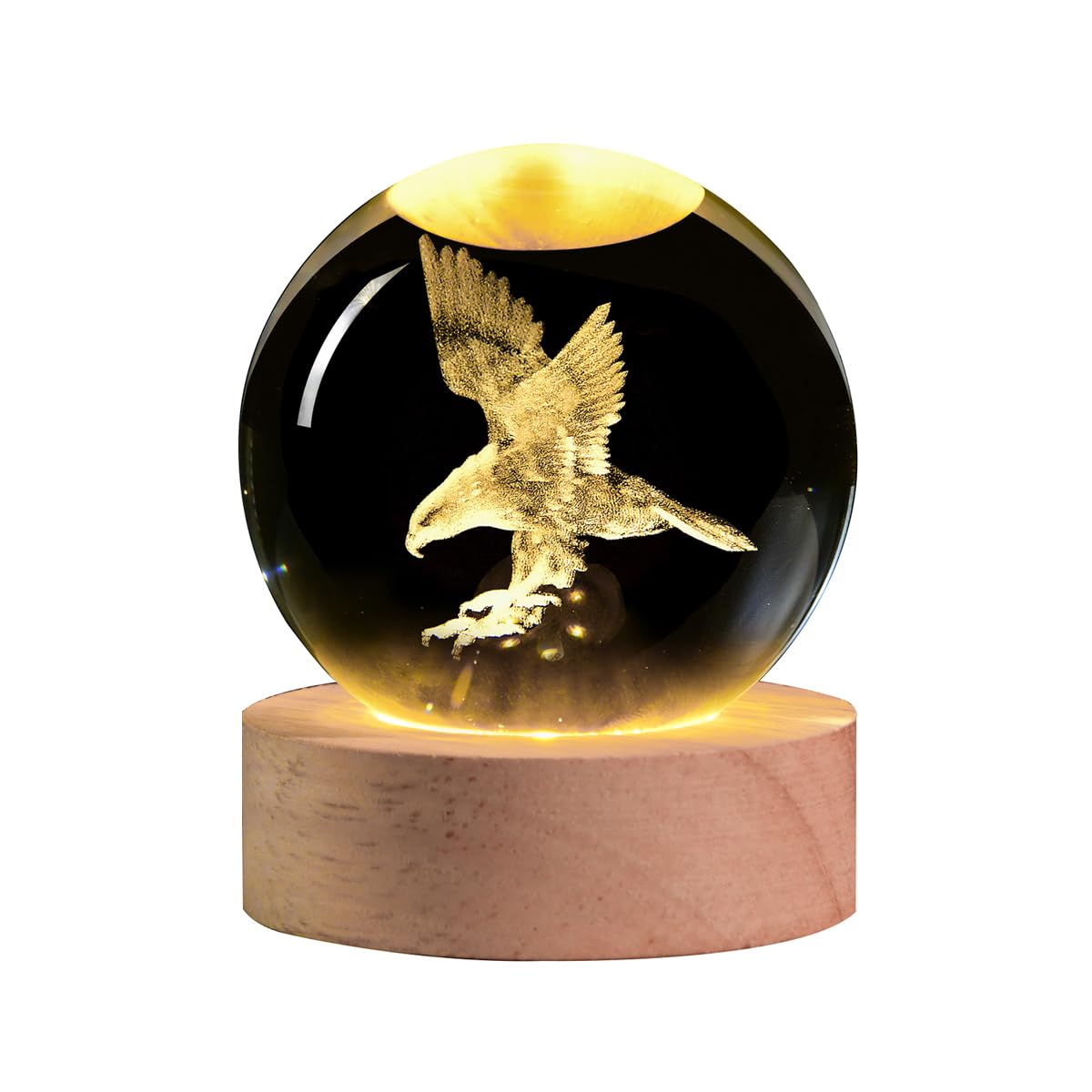 3D Laser Engraved Eagle Crystal Ball, Animal Figurine Decor Glass Sphere Lamp Night Light, Eagle Statue Gifts for Men Women Kids