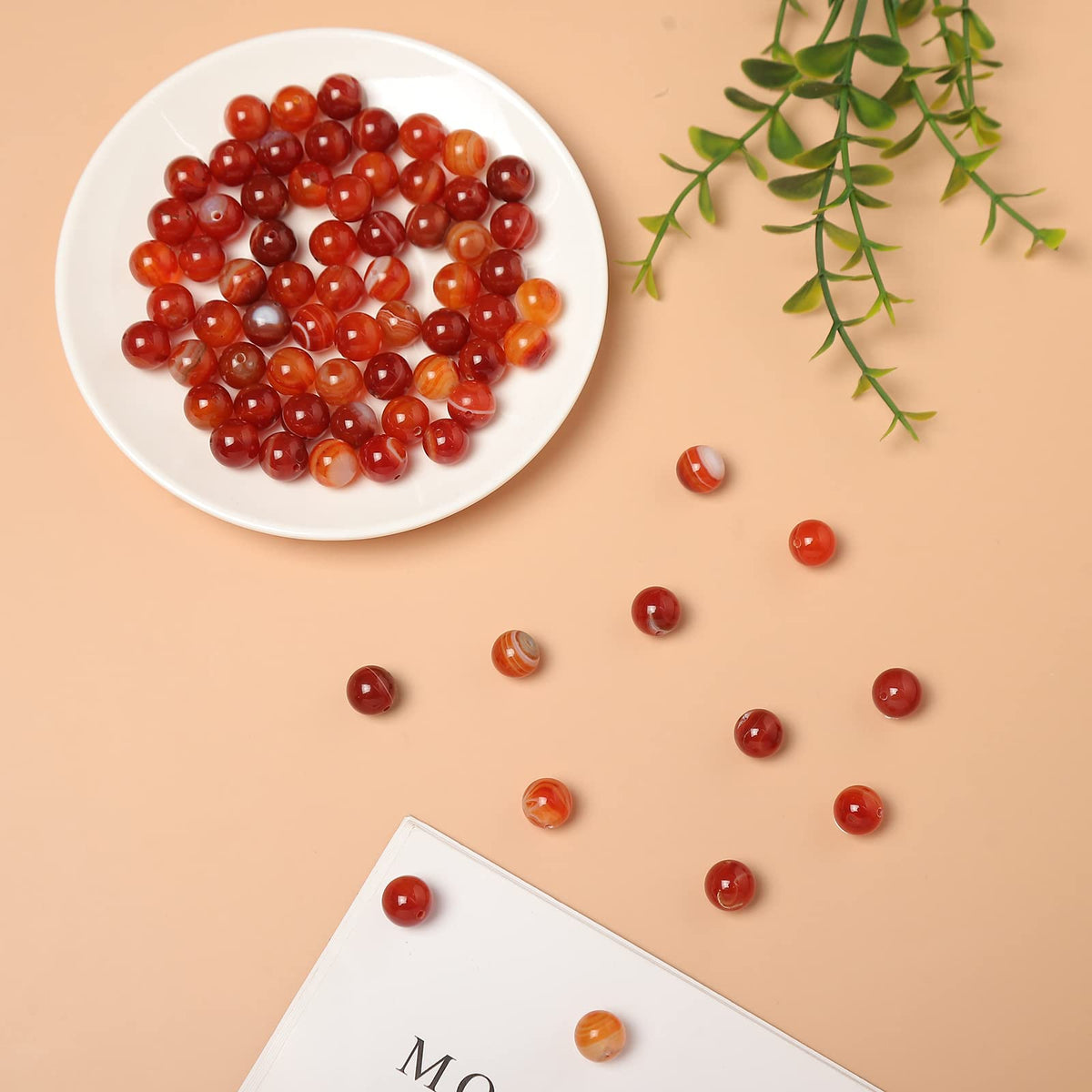 45pcs 8mm Natural Stone Beads Red Carnelian Striped Agate Beads Energy Crystal Healing Power Gemstone for Jewelry Making, DIY Bracelet Necklace