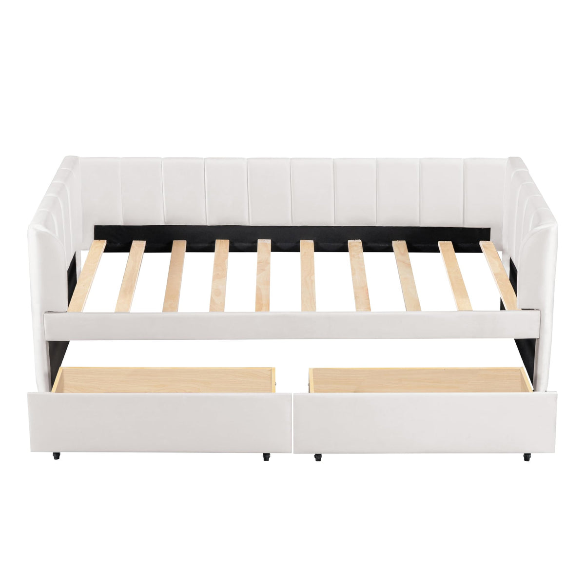 KTATK Twin Size Velvet Daybed with Two Drawers and Stripe Shaped Headboard Design,Upholstered Wooden Storage Bed Frame,w/Ergonomic Backrest,for Bedroom,Living Room,Beige