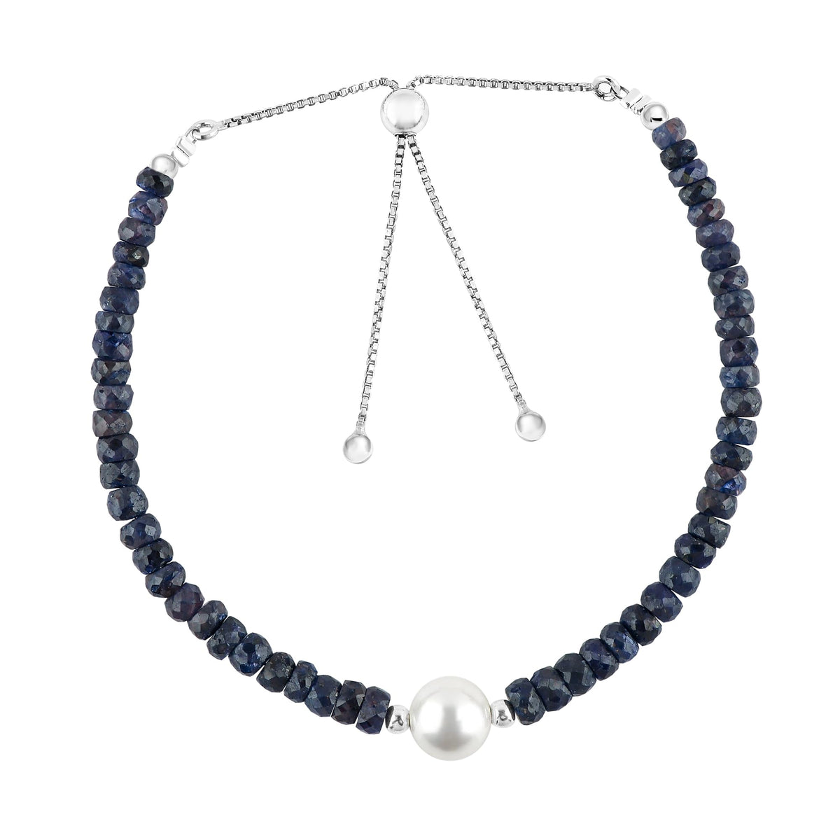 CRYSTALINES Genuine Blue Sapphire Color Curundum Gemstones Beads Bolo Bracelet with Pearl, Handmade Bracelet, Healing Crystals, Silver Jewelry, Adjustable Chain, Gift for Women, 10inch