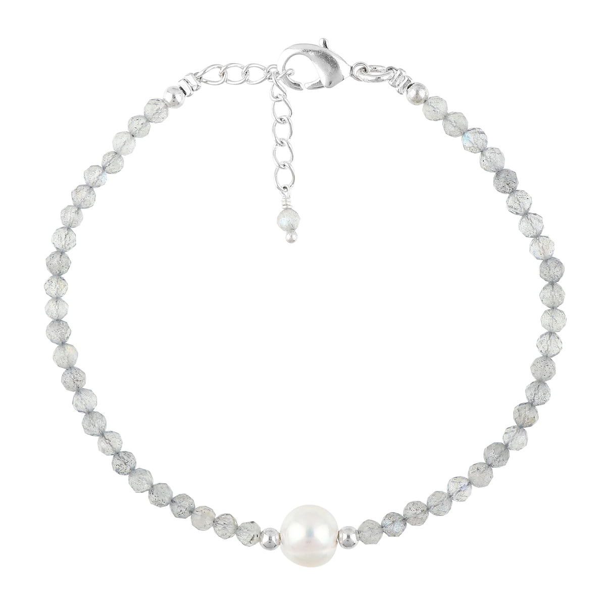 CRYSTALINES Natural Labradorite Gemstone Bracelet, Cultured Pearls Beads Stones, Handmade Hypoallergenic Boho Jewelry for Women, Healing Crystals, Adjustable Silver Plated 7+1inch, Birthday Gift