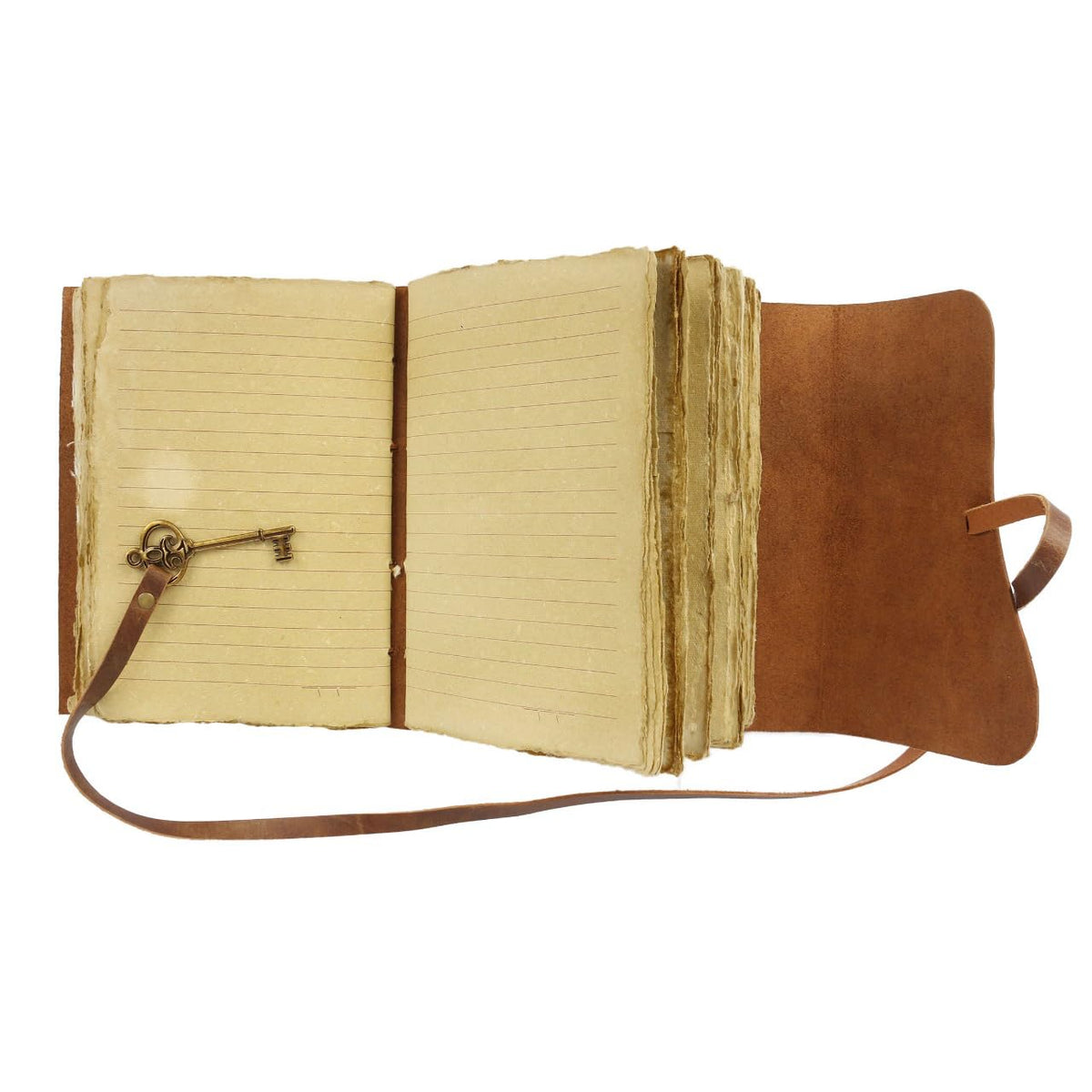 Leather Journal with Deckle Edge Paper 8x6 inch and Vintage Key | Handmade Writing Notebook Diary | Bound Daily Notepad for Men & Women Medium, Sketch/Writing pad for Artists