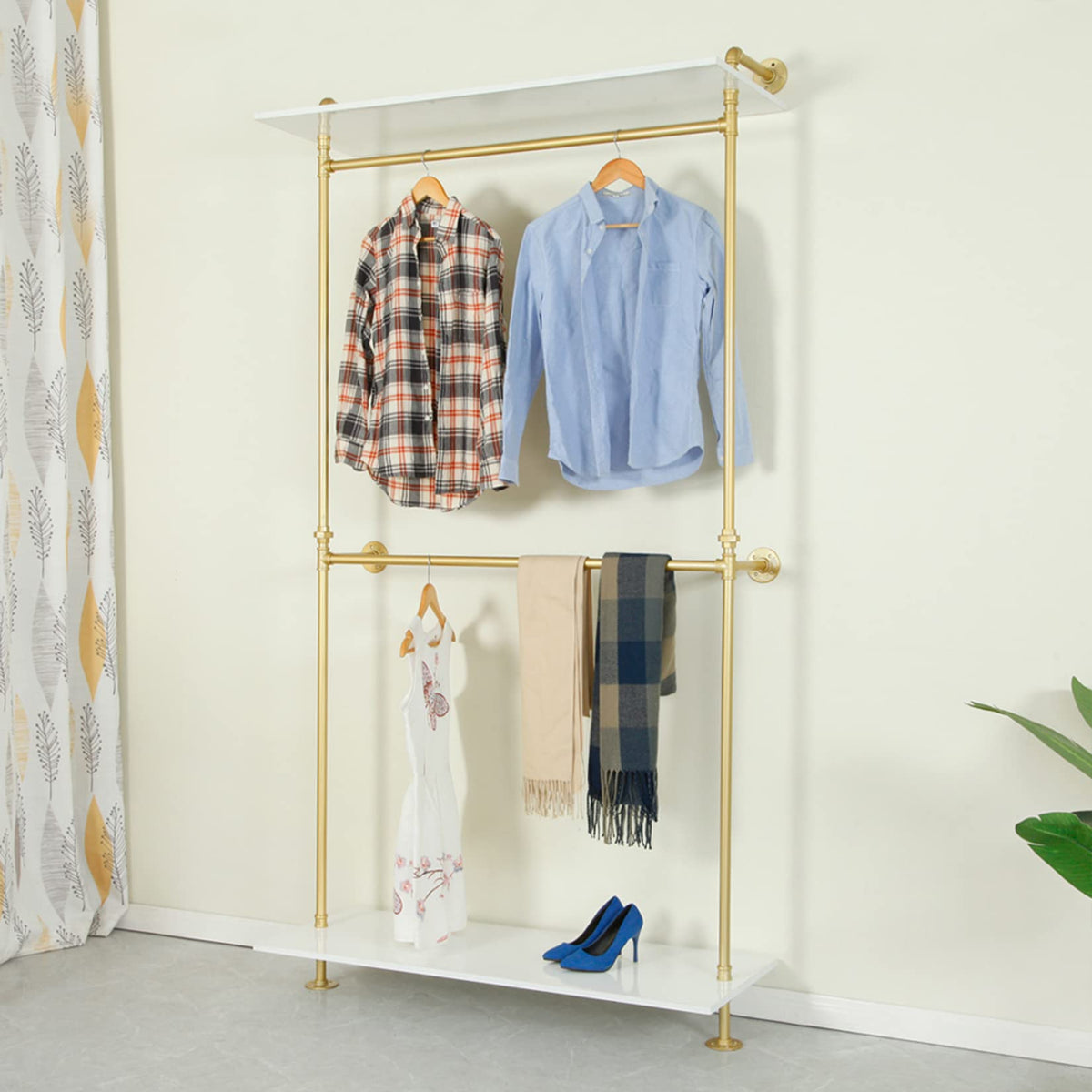 WFDERAN Industrial Clothing Store 2-Tier Pipe and Wood Garment Rack,Wall Mounted Storage Clothes Shoe Bag Hanging Shelves,Retail Shop Clothes Display Stands (Gold, One Pipe Shlef, 47.2" L)