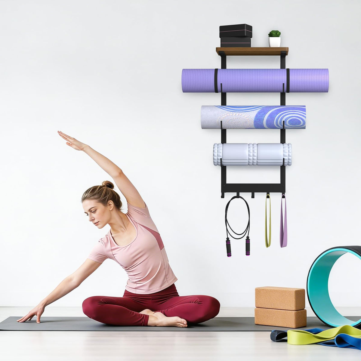 BSTSLL Yoga Mat Holder Wall Mount, Yoga Mats Storage Rack, Home Gym Wall Organizer Holder with Wood Floating Shelf and 5 Hooks, Storage Rack for Hanging Foam Roller/Band/Workout Equipment