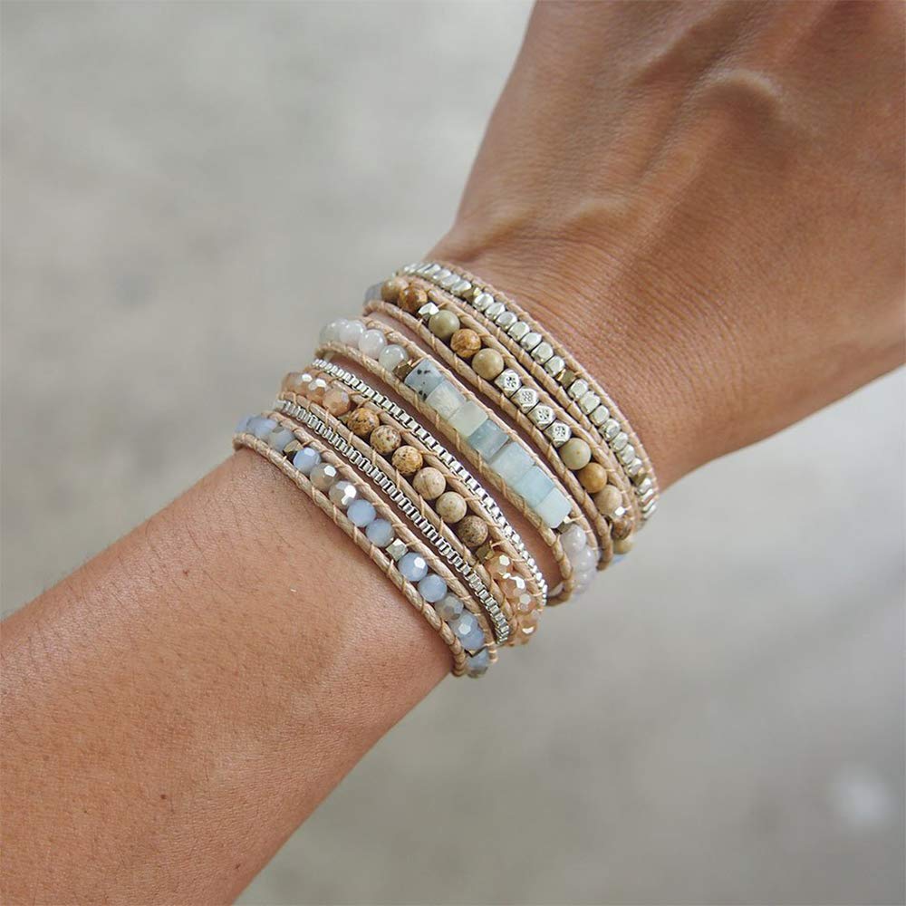Plumiss Women Boho 5 Wraps Handmade Beaded Statement Stainless Steel Box Chain Bracelet Jewelry