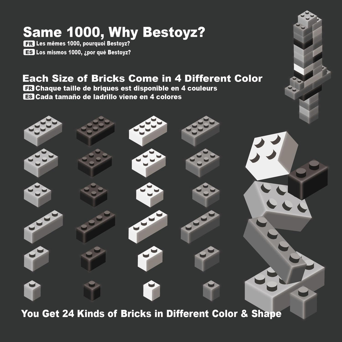 Building Bricks 1000 Pieces in Black, Dark Grey, Light Grey & White, Classic General Building Blocks Toys for Boys & Girls, Bulk Basic Brick Tiles for Adult's Building Projects