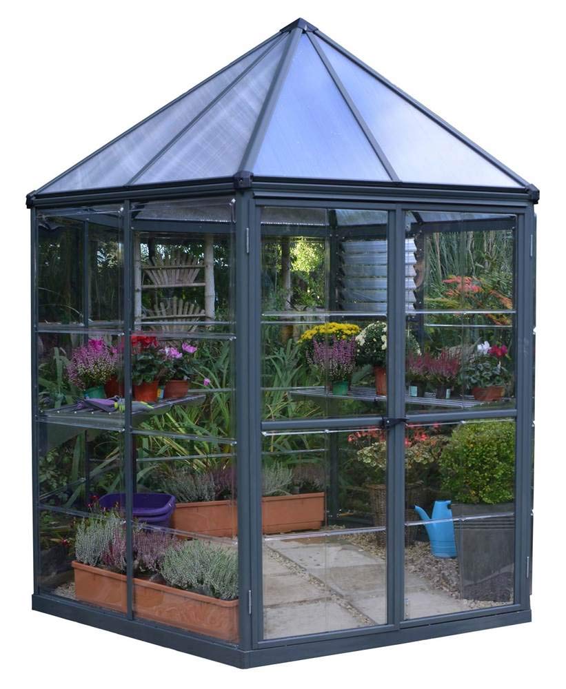 Palram - Canopia Oasis 7 Ft. x 8 Ft. Hexagon Greenhouse Kit Hobby DIY Walk In Green House Heavy Duty Polycarbonate with Aluminium Frame, with Lockable Door and Vent for Garden, Gutter, Backyard