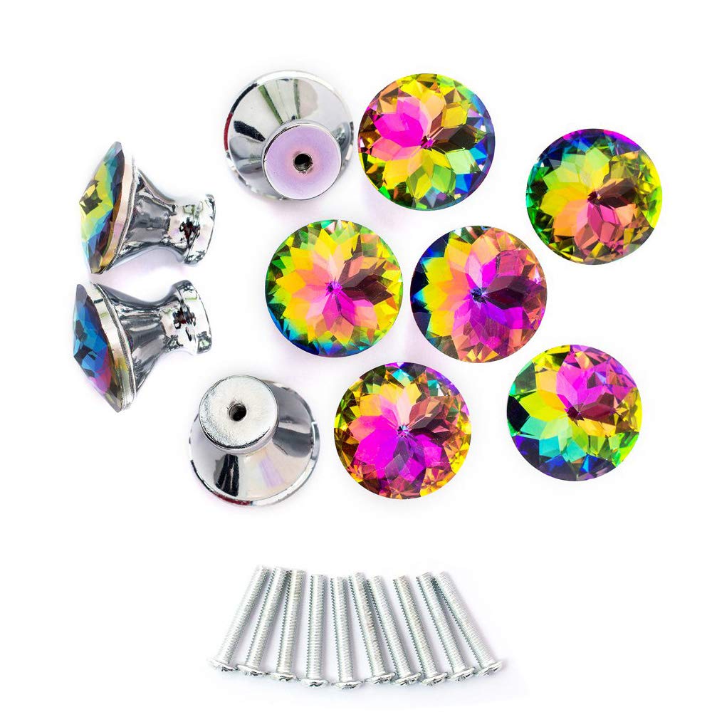 Spriak 10 Pack Drawer Knobs, 30mm Colorful Crystal Glass Cabinet Dresser Pulls Diamond Shape Cupboard Wardrobe Knob with Screw for Kitchen Bathroom Office DIY