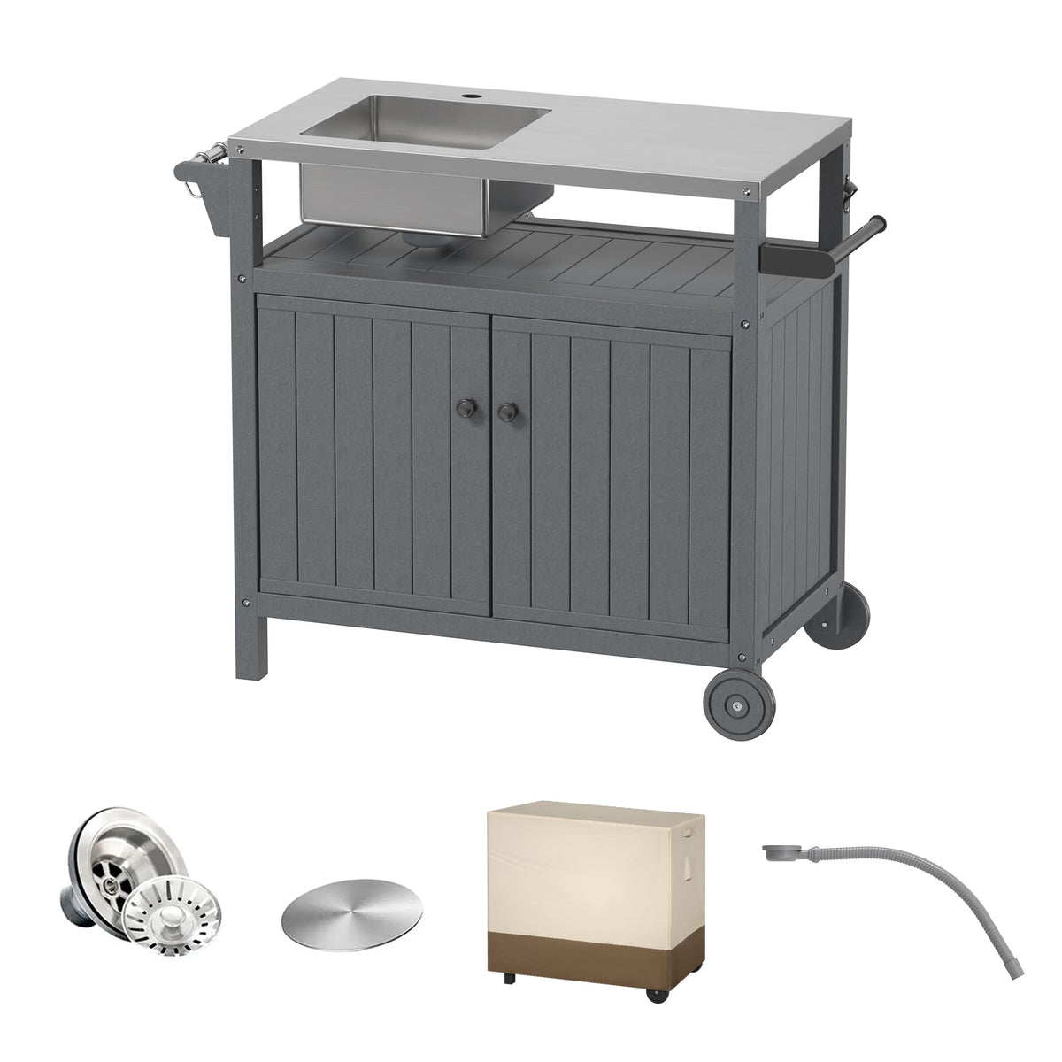 TORVA All in One Outdoor Grill Cart with Sink,Cabinet and Cover, 42 inch Freestanding Modular Kitchen Sink Station in 304 Stainless Steel&HDPE, All Weather Use BBQ Table, Grey