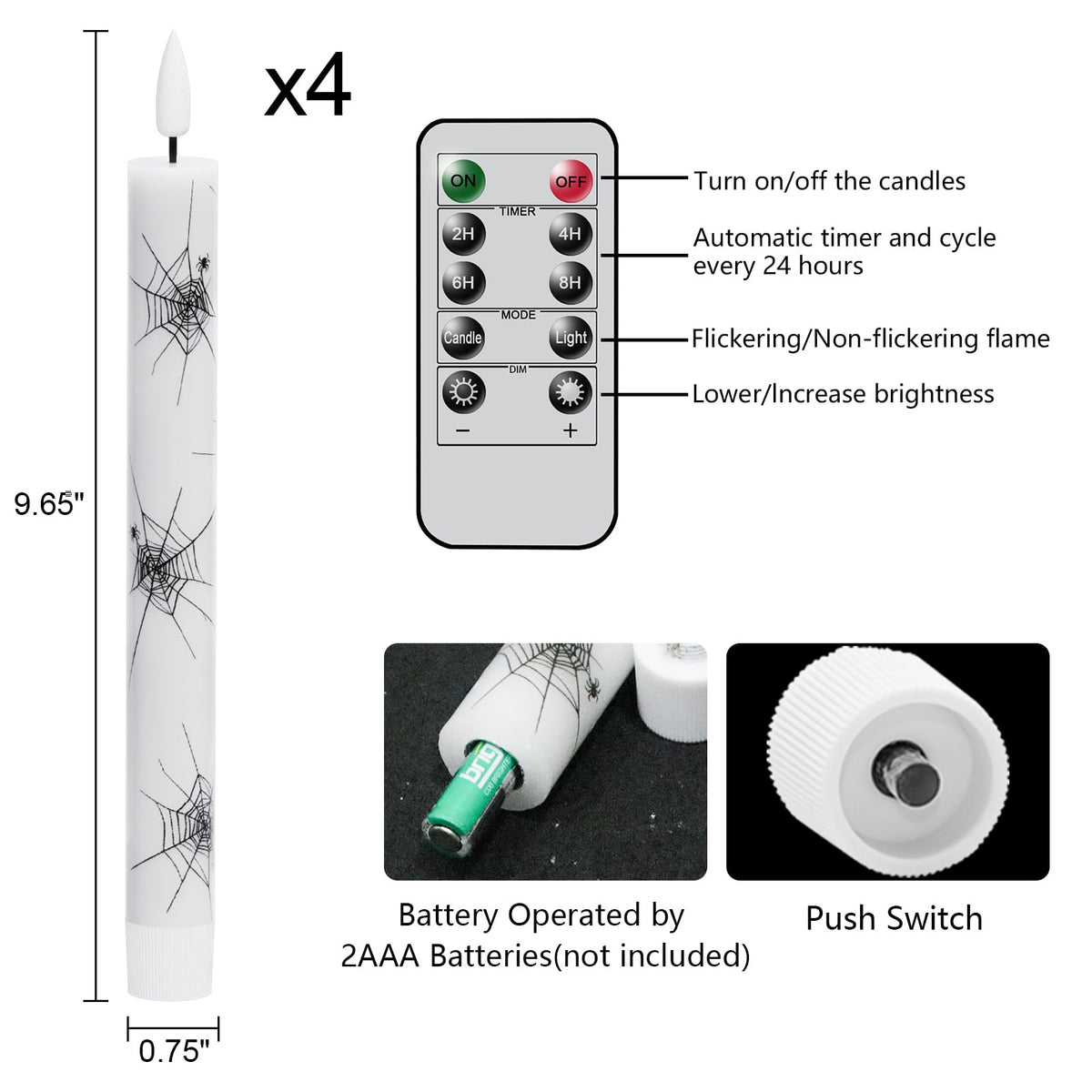GenSwin Real Wax Flameless Taper Candles, 4 Pack Halloween LED Taper Candles Battery Operated with Remote Timer, Flameless Candlesticks with Spider Web Prints for Halloween Decoration (0.75” x 9.65”)