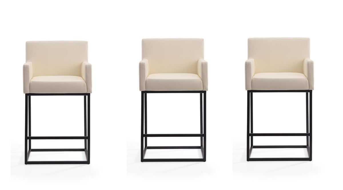 Manhattan Comfort Ambassador 38" Counter Height Bar Stool, Faux Leather Upholstery, Mid-Century Modern, Metal Frame with Footrest, No Assembly Required, Ideal for Kitchen Island, Set of 3, Cream