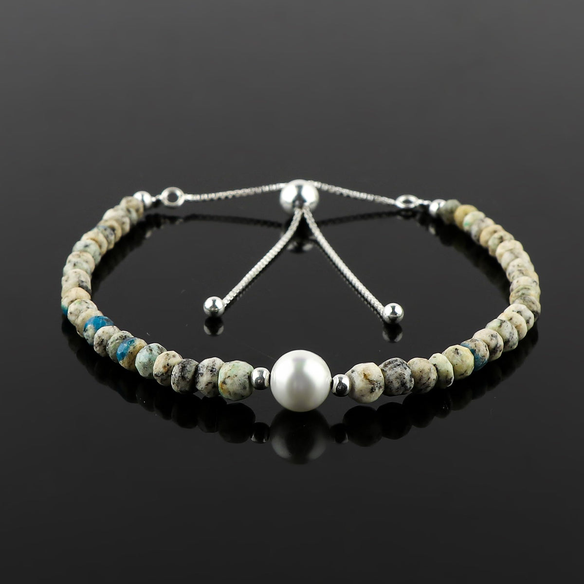 CRYSTALINES Natural K2 Jasper Gemstone Bolo Bracelet & Pearl, Faceted Beads Stones, Handmade Bohemian Jewelry for Women, Healing Crystals Gift, Hypoallergenic Silver Adjustable Chain 6+4inch