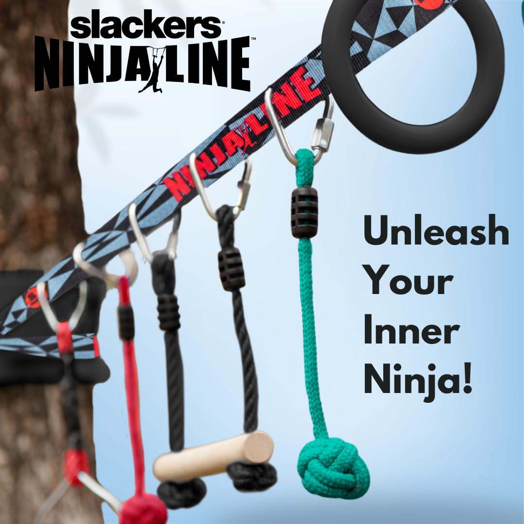 Slackers Ninjaline - 36' Intro Kit - Includes 7 Hanging Attachments - Best Outdoor Ninja Warrior Training Equipment For Kids - Build Your Very Own Backyard Obstacle Course - Rated Ages 5+