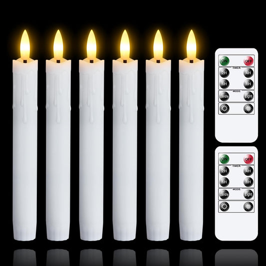 Mavandes Flameless Flickering Taper Candles Two Remote, 7.5 Inch White Battery Operated LED Window Candles Timer,Set of 6 Plastic 3D-Wick Dripping-Wax Effect Flameless Candlesticks(0.86”Dia,Warm Fire)