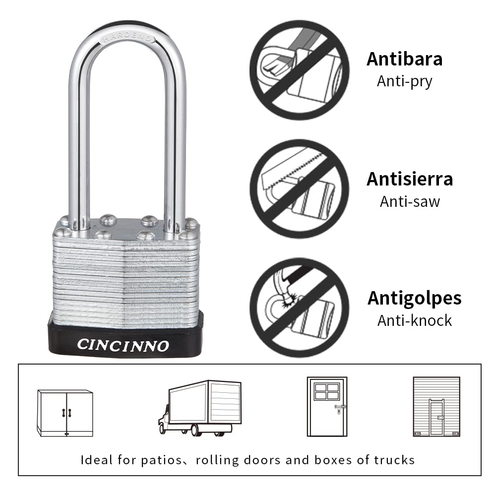 CINCINNO Laminated Steel Padlock with Key，6 Pack Keyed Alike Padlocks with Long Shackle