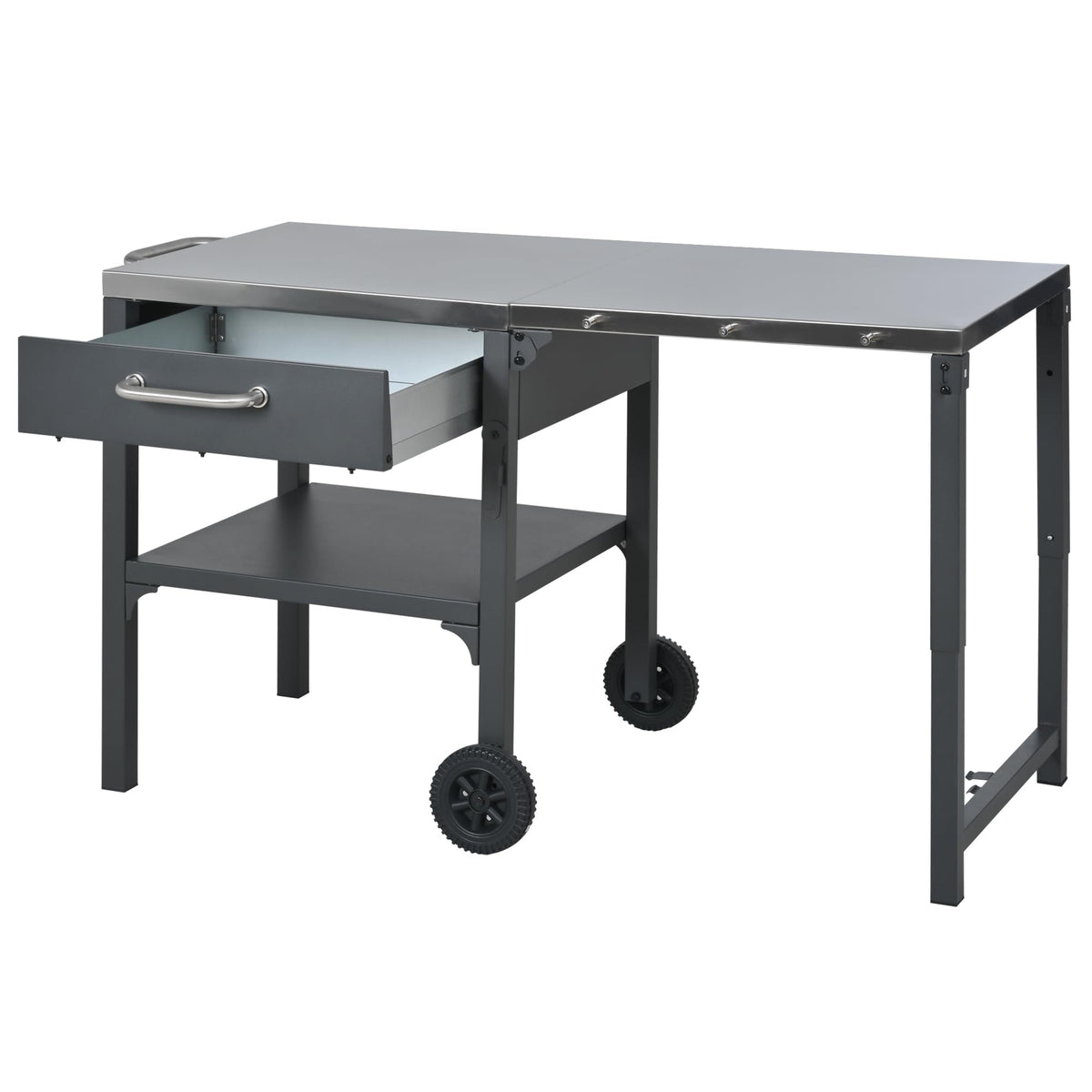 GDFStudio Outdoor Folding Kitchen Cart with Stainless Steel Top, Rolling Grill Prep Table with Drawer and Shelf, Portable Serving Cart with Wheels for Patio Backyard BBQ Cooking Station, Grey