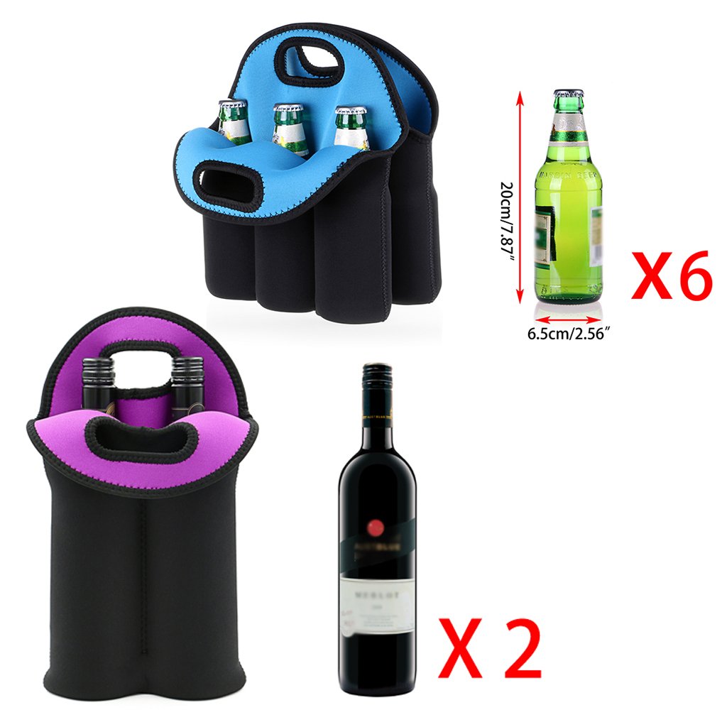 Hipiwe Set of 2 - Insulated Neoprene Wine Carrier Tote Bag + 6 Pack Beer Water Can Carrier Tote Bottle Holder Bottle Cooler Bag - Perfect for Travel with Secure Carry Handle