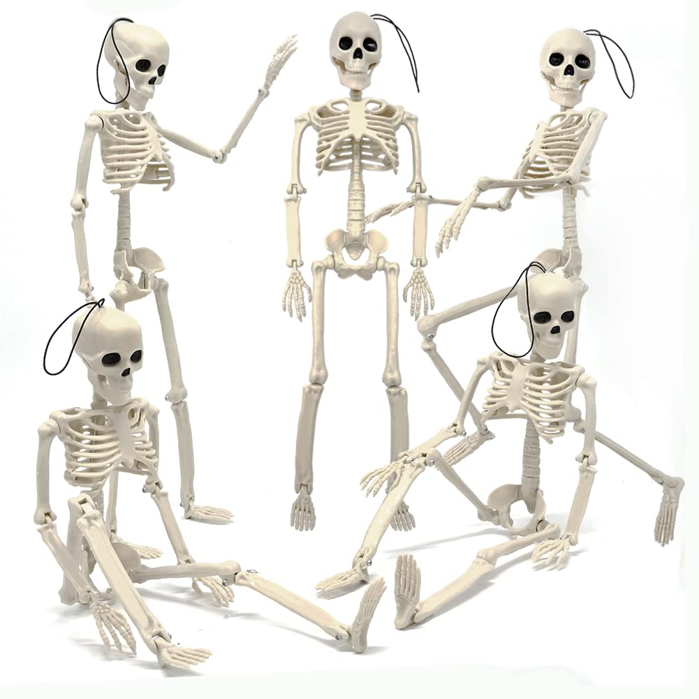 UMEELR 5Pcs Hanging Skeleton Halloween Decorations, 16in Movable Joints Realistic Full Body Poseable Plastic Skeleton for Yard Garden Patio Haunted House Halloween Party Decoration