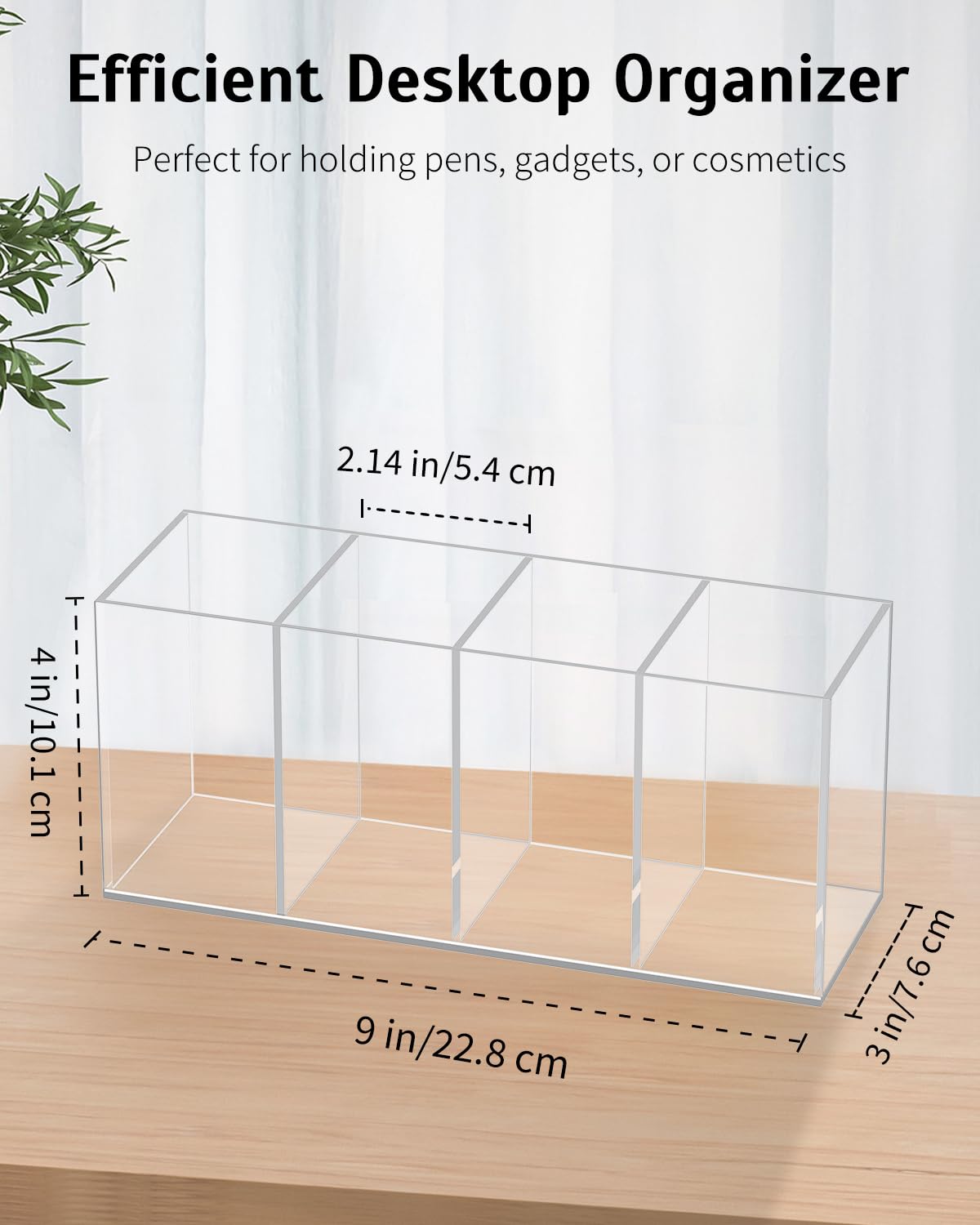 Uniclife Clear Acrylic Pen Holder for Desk, Plastic Pencil Holder Pen Organizer with 4 Compartments, Desktop Stationery Organizer for Office Home School, Vertical Makeup Brush Holder, 9" x 3" x 4"