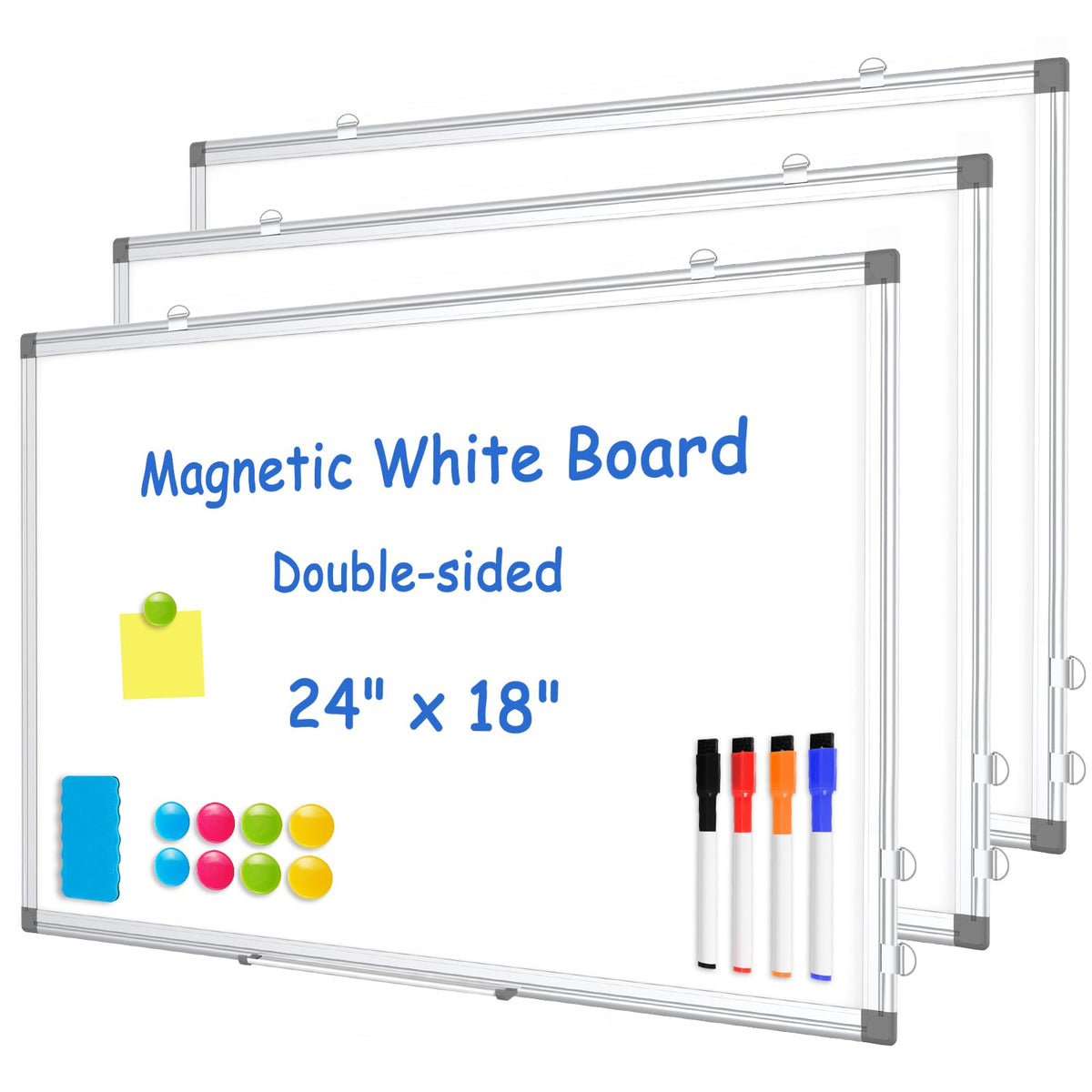 WALGLASS 3 Pack White Board, 24" x 18" Double-Sided Dry Erase White Board for Wall, Hanging Mounted Whiteboard, Horizontal or Vertical Silver Aluminium Frame for Home, School, Office, Kitchen