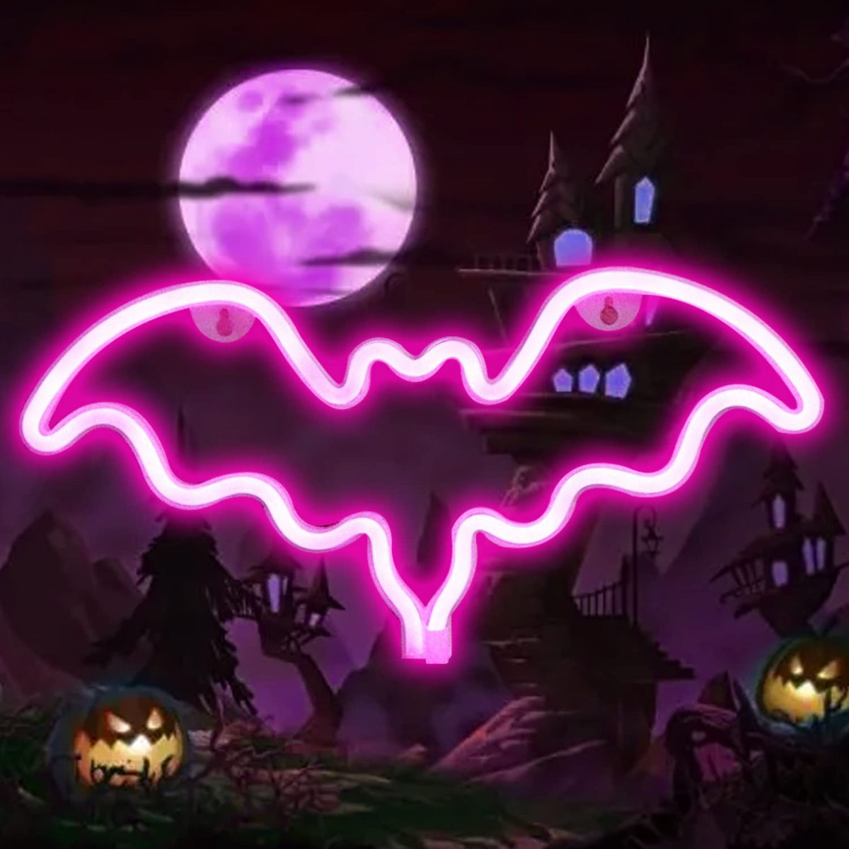 Vicila LED Neon Bat Lights Halloween Decor, Bat Shape Neon Signs Goth Night Lights Battery Operated Desk Table Lamp for Bedroom, Bar, Wall, Coffin Decor-Bat(Pink)