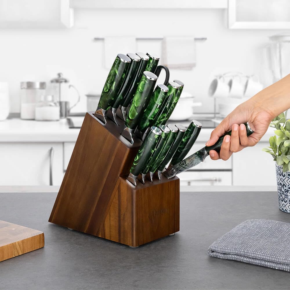 SENKEN Engraved Japanese Kitchen Knife Set with Beautiful Green Resin Wood Handles - Wasabi Collection - Chef's Knife, Bread, Cleaver, Paring, & More (16-Piece Knife Block Set)