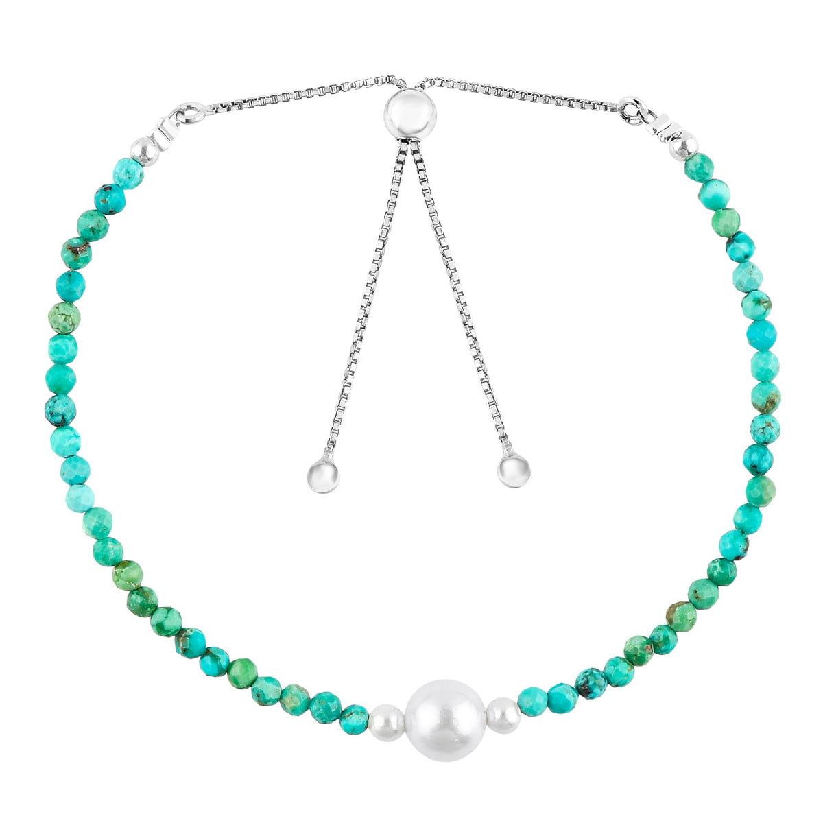 CRYSTALINES Genuine Turquoise Gemstone Bolo Bracelet, Cultured Pearl Beads Stones, Hypoallergenic Handmade Boho Jewelry for Women, Healing Crystals, Silver Chain 6+4inch, December Birthday Gift
