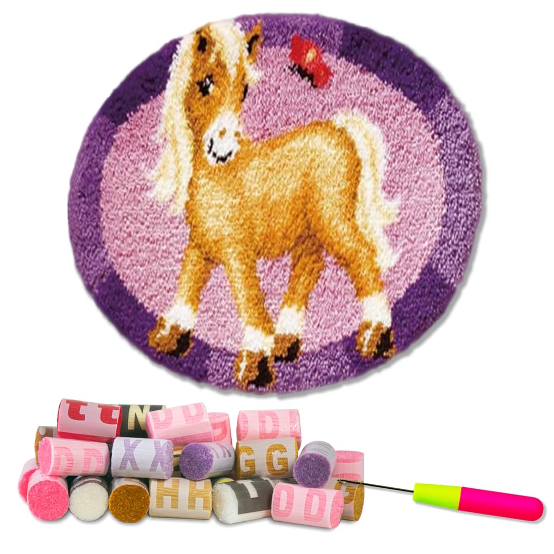DL-YTG Latch Hook Kits Rug Pink Horse Crochet Yarn Cushion Colour Pre-Printed Canvas Cover Rug Needlework DIY Hook and Latch Kit Christmas Home Decoration 50x50cm/20 X20inch