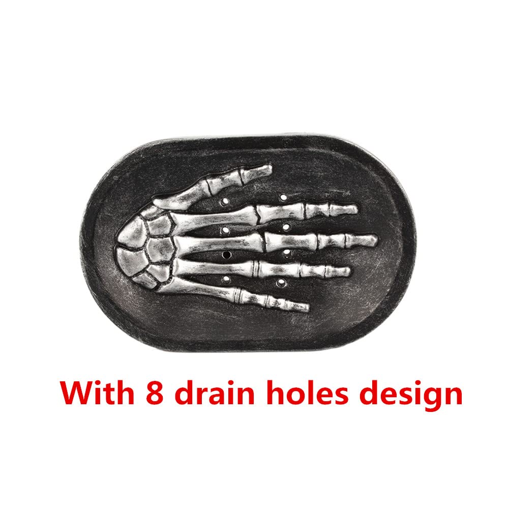 Resin Skeleton Handbone Soap Dish Holder, Water Draining Soap Tray for Bathroom Countertop Shower, Halloween Ghost Skull Hand Soap Rack Organizer (Black)
