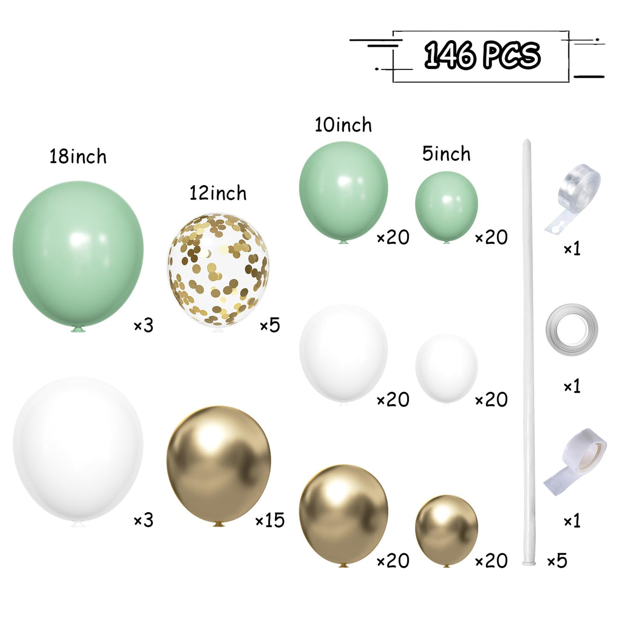MEBAY Sage Green White Gold Balloon Garland Arch Kit, 146Pcs Latex Balloons Different Sizes 18 12 10 5 Inch for Birthday Baby Shower Gender Reveal Wedding Party Decoration