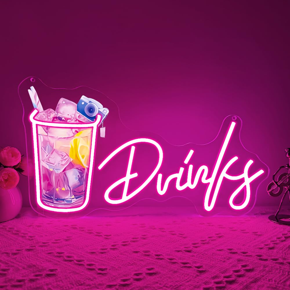 Drinks Neon Signs for Wall Decor,Cool Cocktail Glass LED Sign Art Wall Lights,Lemonade Drinks Neon Signs for Beer Bar Decor,Pub Party,Night Club,Man Cave,Business,Shop