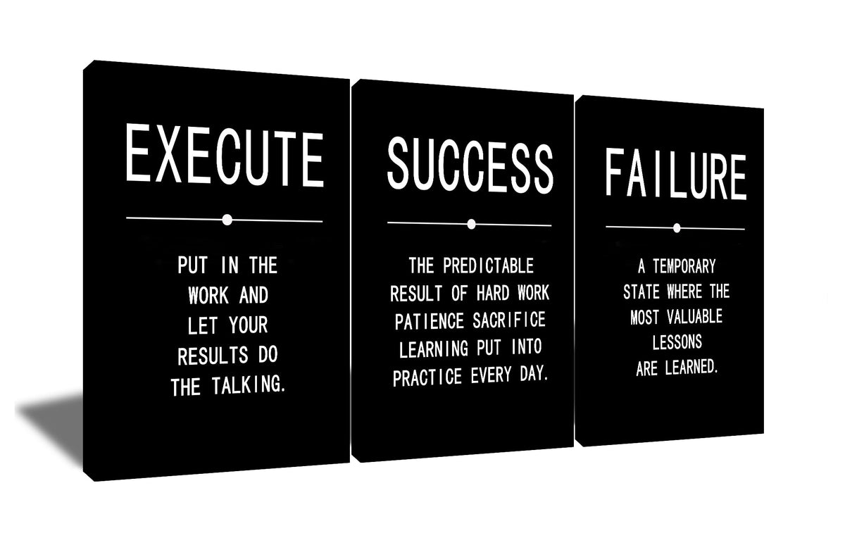 Inspirational Wall Art Success Quote Canvas Painting Positive Motivational Wall Art Execute Failure Definition 3 Pieces Black Poster Framed Artwork Prints Picture for Living Room Office [48''Wx 24''H]