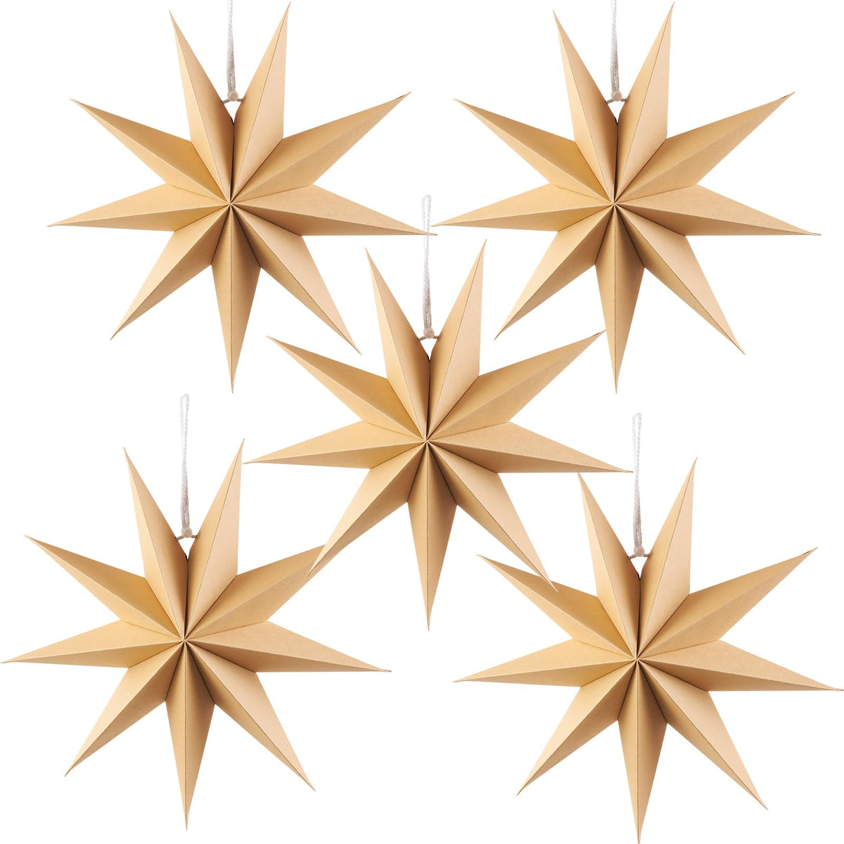 SUNBEAUTY 5 Pcs 9-Pointed Natural Paper Star Lanterns 12 Inch Christmas Hanging Lamp Rustic Paper Decorations Shade Wedding Birthday Christmas Home Party Decorations